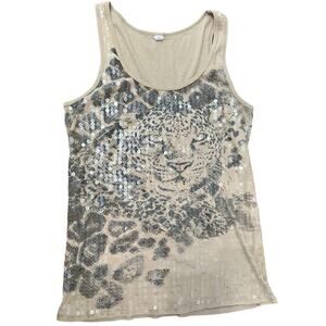 Vtg No Boundaries NOBO Tiger Print Graphic Sequin Tank Women's Medium Y2K Disco